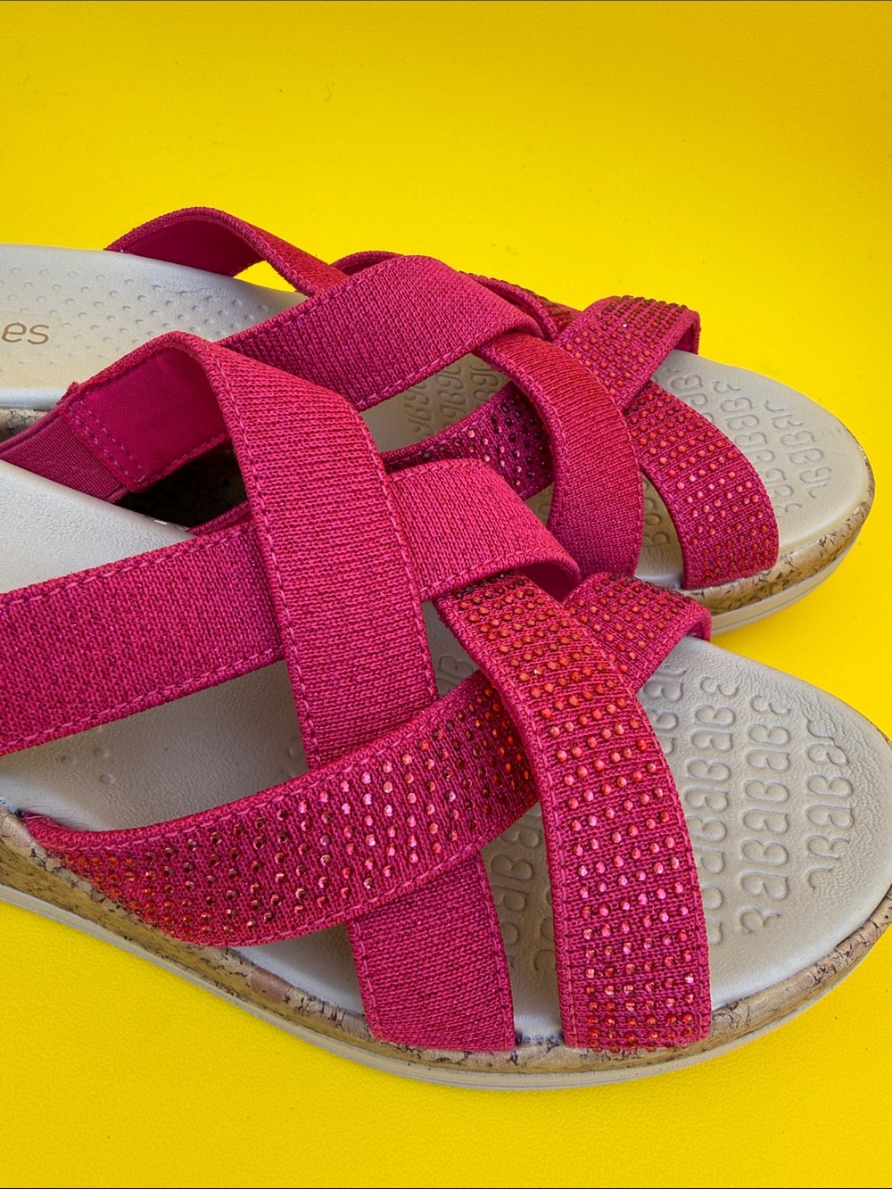 Bzees Raspberry Pink Crisscross Stretch Sandals with Sparkle Trim - Picture 2 of 5